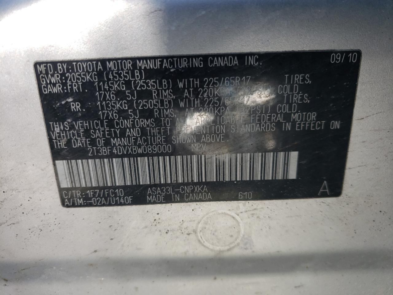 Photo 10 from auction – 2011 TOYOTA RAV4 with VIN 2T3BF4DVXBW089000