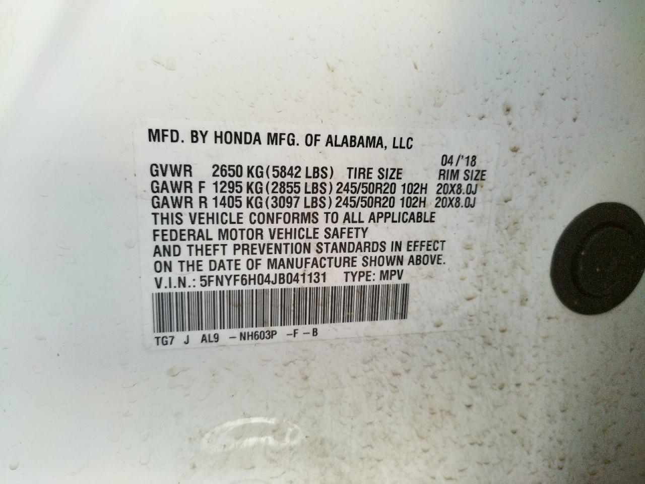 Photo 10 from auction – 2018 HONDA PILOT ELIT with VIN 5FNYF6H04JB041131