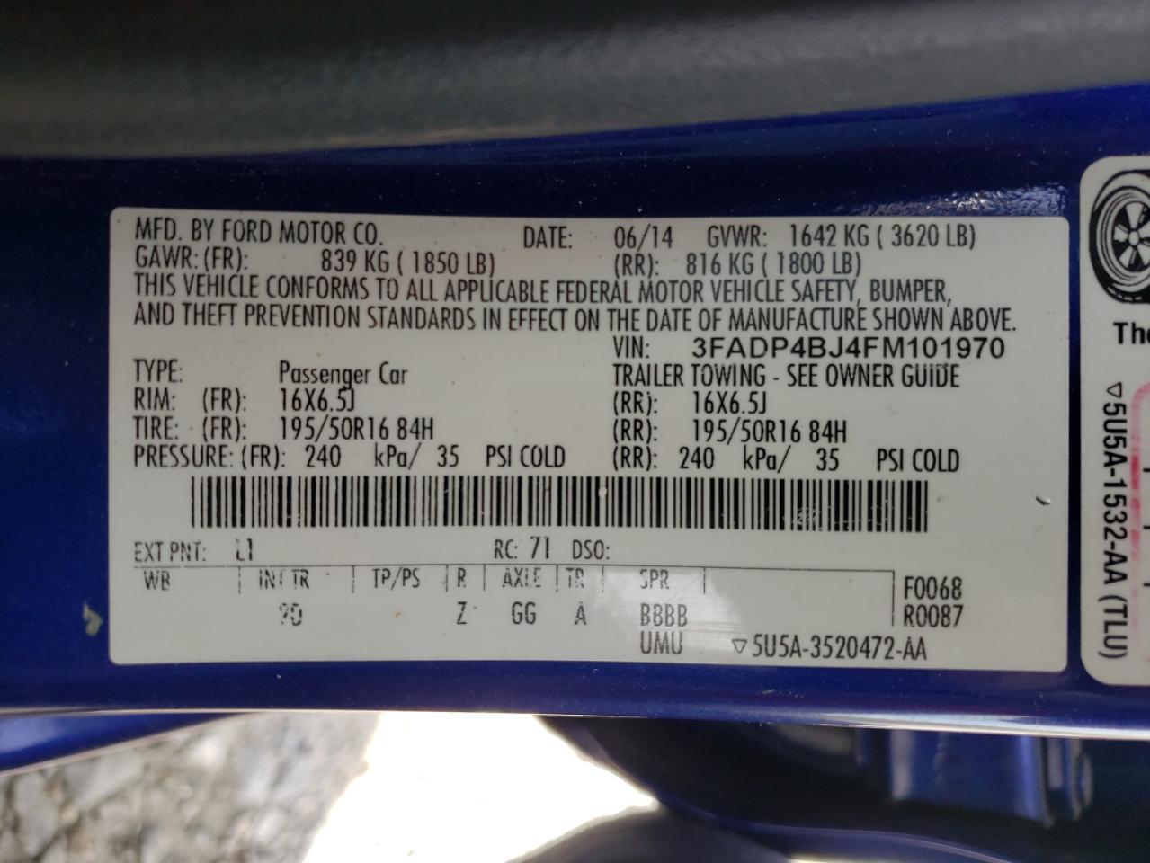 Photo 10 from auction – 2015 FORD FIESTA SE with VIN 3FADP4BJ4FM101970