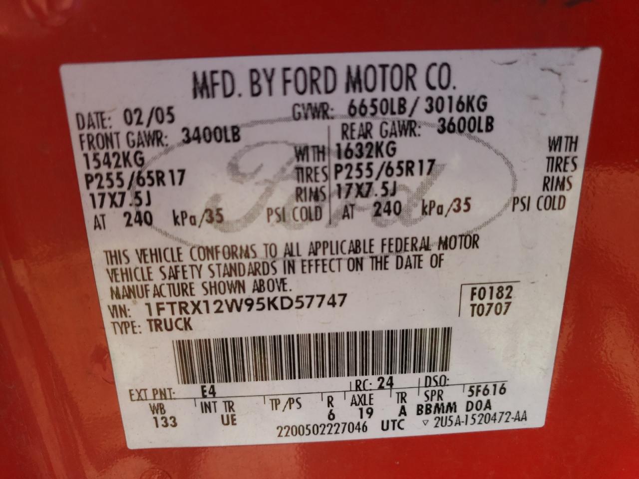 Photo 10 from auction – 2005 FORD F150 with VIN 1FTRX12W95KD57747
