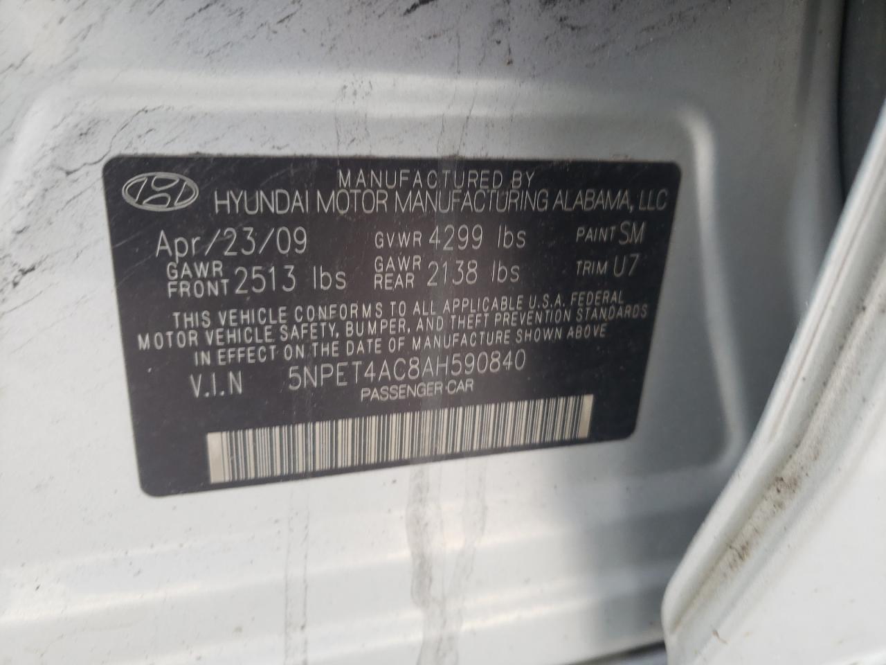 Photo 10 from auction – 2010 HYUNDAI SONATA GLS with VIN 5NPET4AC8AH590840