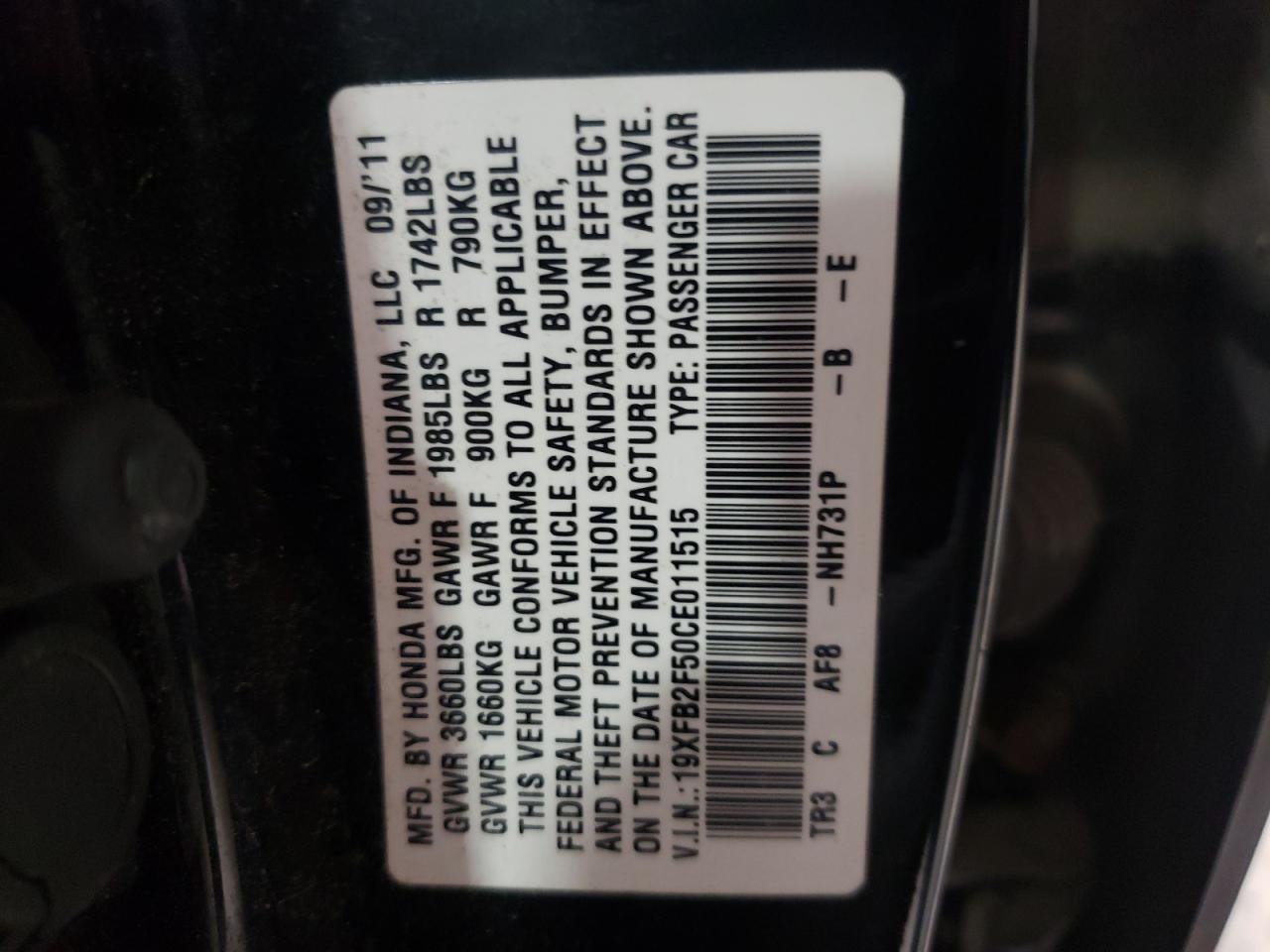 Photo 10 from auction – 2012 HONDA CIVIC LX with VIN 19XFB2F50CE011515