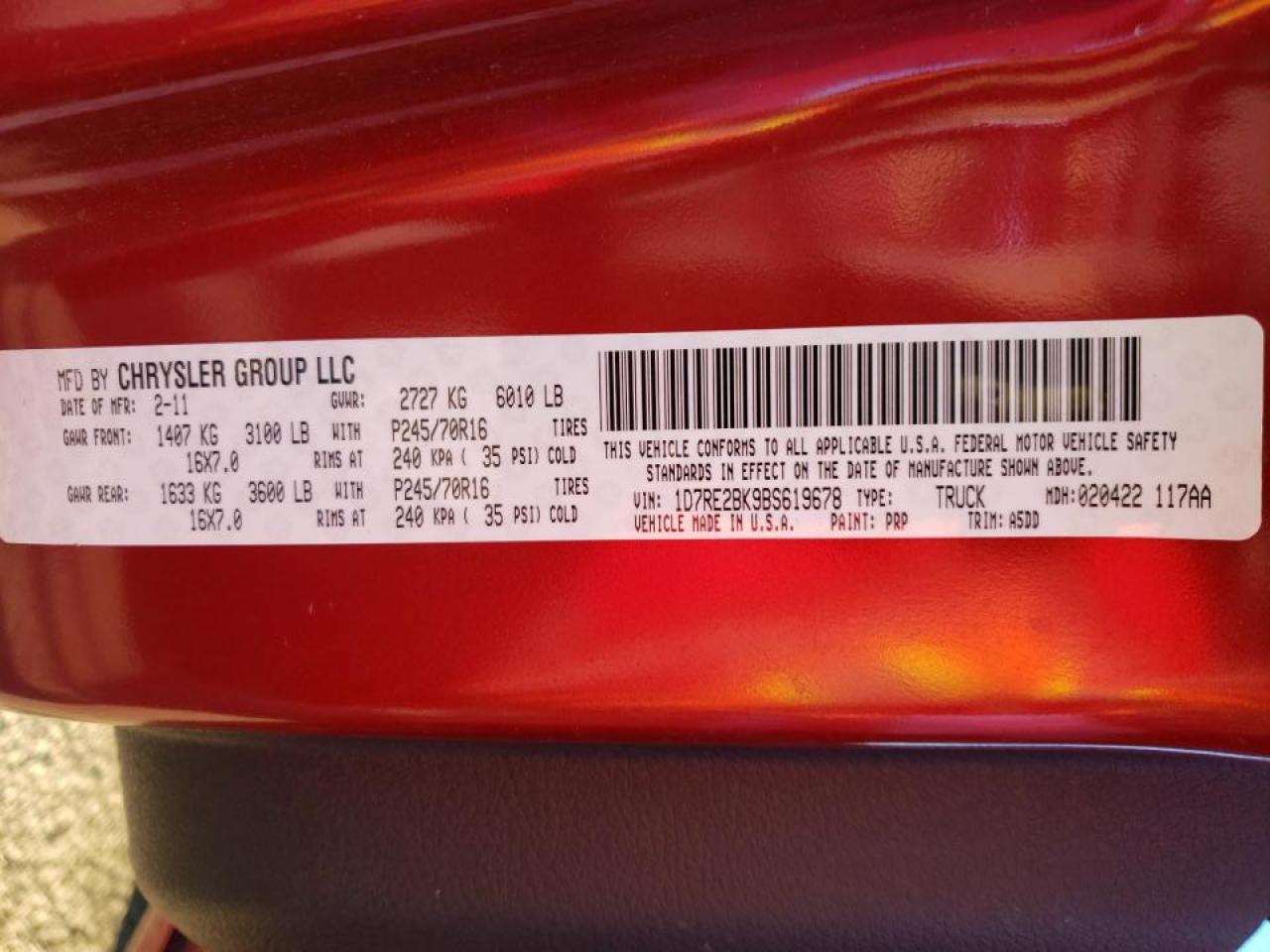 Photo 10 from auction – 2011 DODGE DAKOTA ST with VIN 1D7RE2BK9BS619678