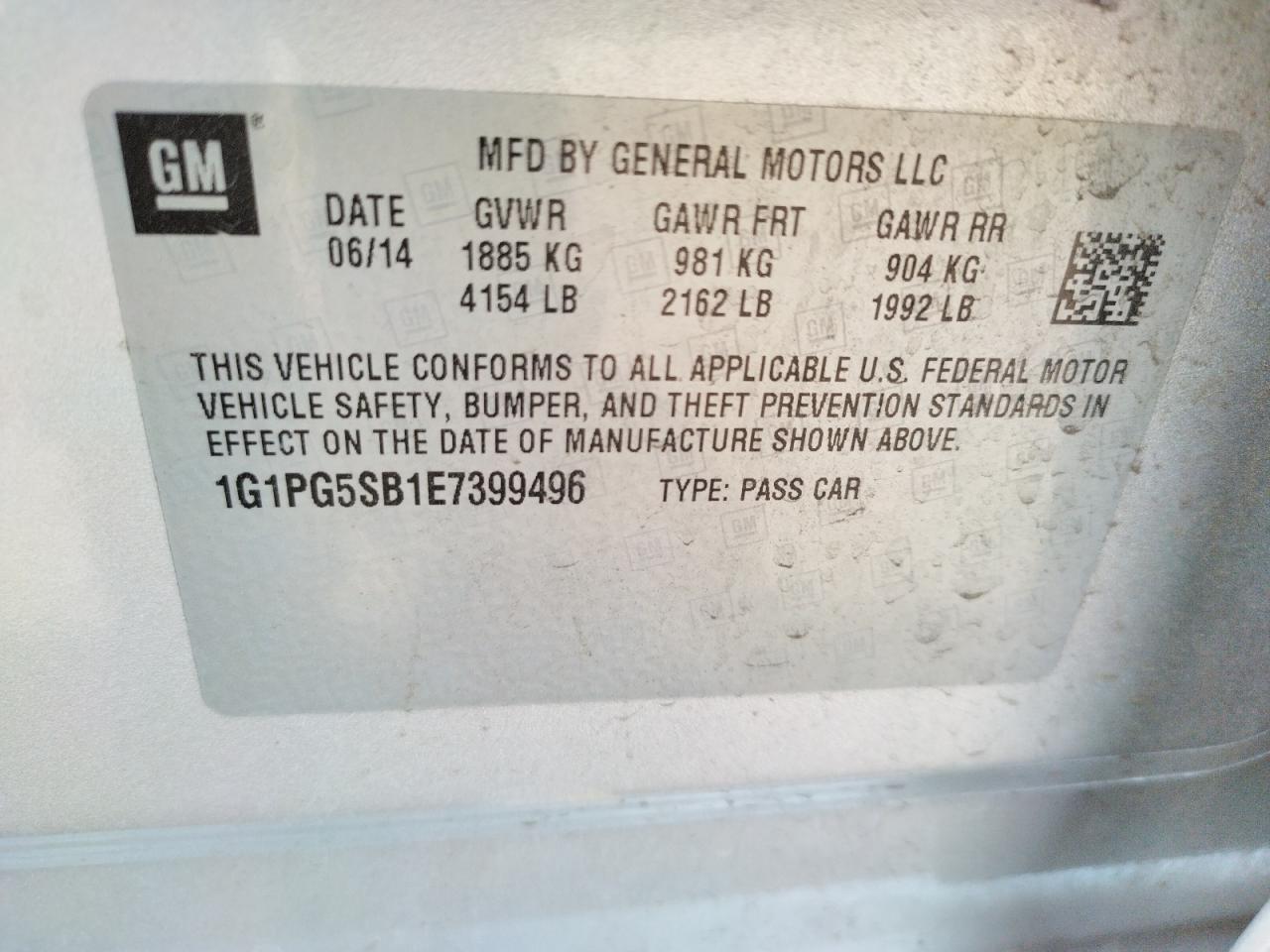 Photo 10 from auction – 2014 CHEVROLET CRUZE with VIN 1G1PG5SB1E7399496