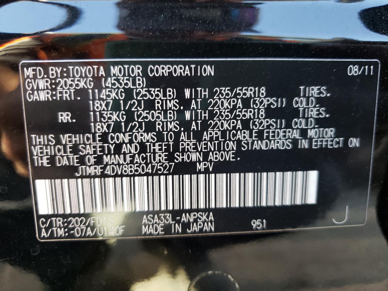 Photo 10 from auction – 2011 TOYOTA RAV4 SPORT with VIN JTMRF4DV8B5047527