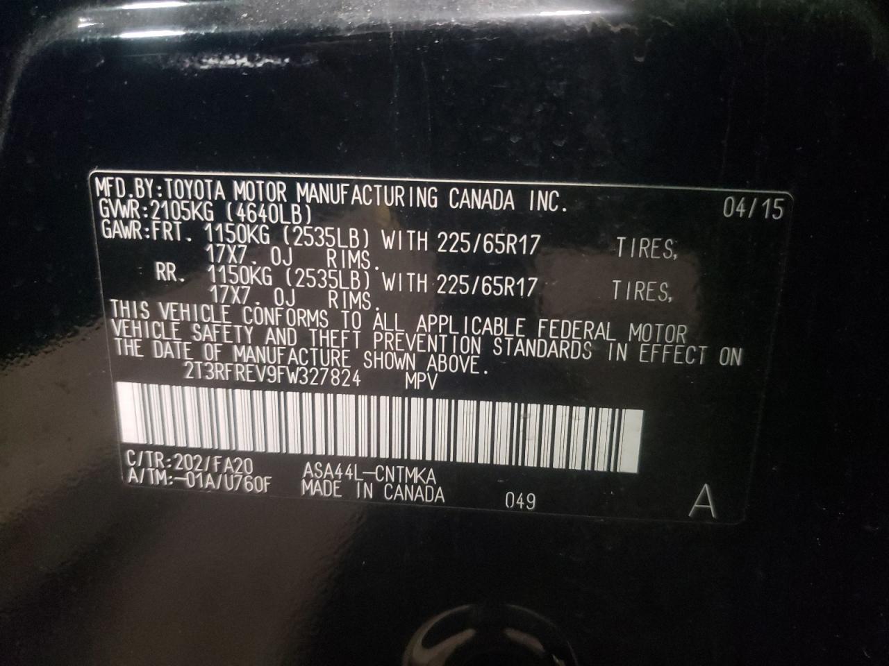 Photo 10 from auction – 2015 TOYOTA RAV4 XLE with VIN 2T3RFREV9FW327824