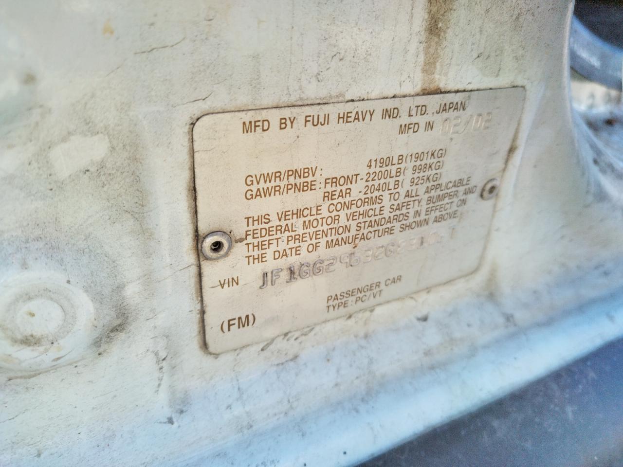Photo 10 from auction – 2002 SUBARU IMPREZA WR with VIN JF1GG29632G831067
