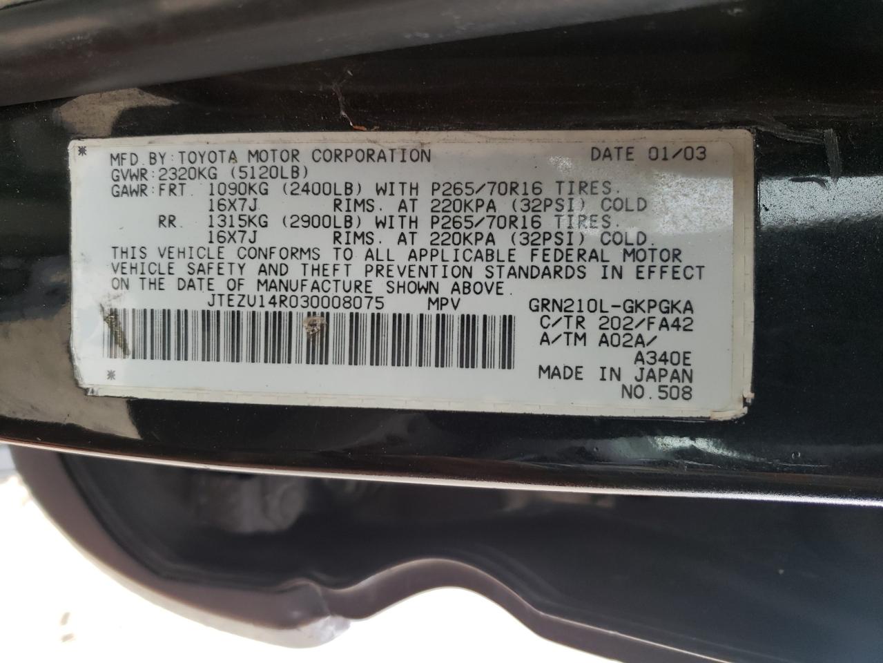 Photo 10 from auction – 2003 TOYOTA 4RUNNER SR with VIN JTEZU14R030008075