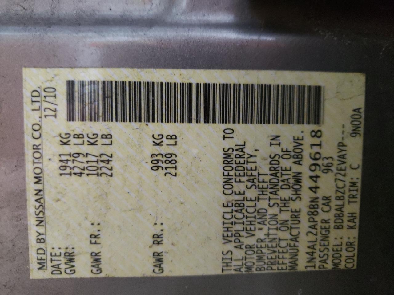 Photo 10 from auction – 2011 NISSAN ALTIMA BAS with VIN 1N4AL2AP8BN449618