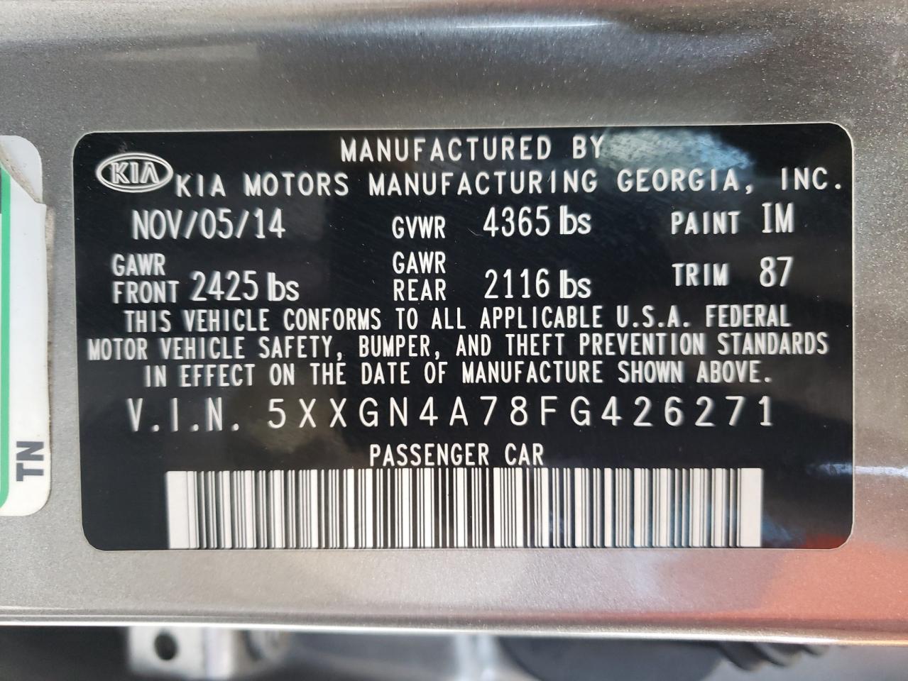Фото 10 с аукциона – 2015 KIA OPTIMA EX с VIN 5XXGN4A78FG426271