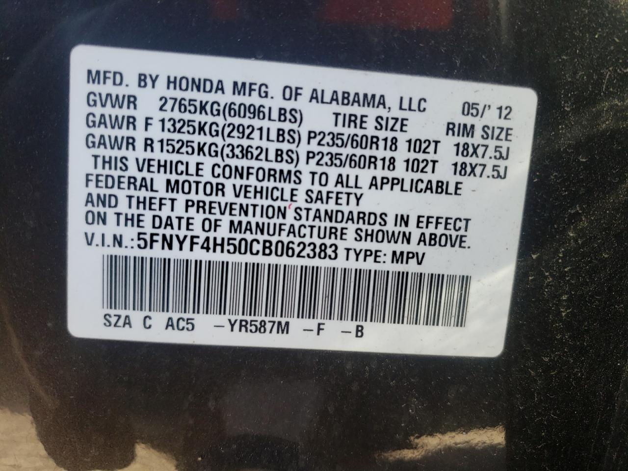 Photo 10 from auction – 2012 HONDA PILOT EXL with VIN 5FNYF4H50CB062383