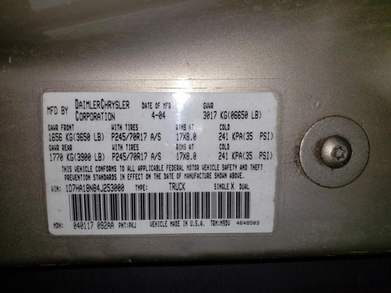 Photo 10 from auction – 2004 DODGE RAM 1500 S with VIN 1D7HA18N84J253000