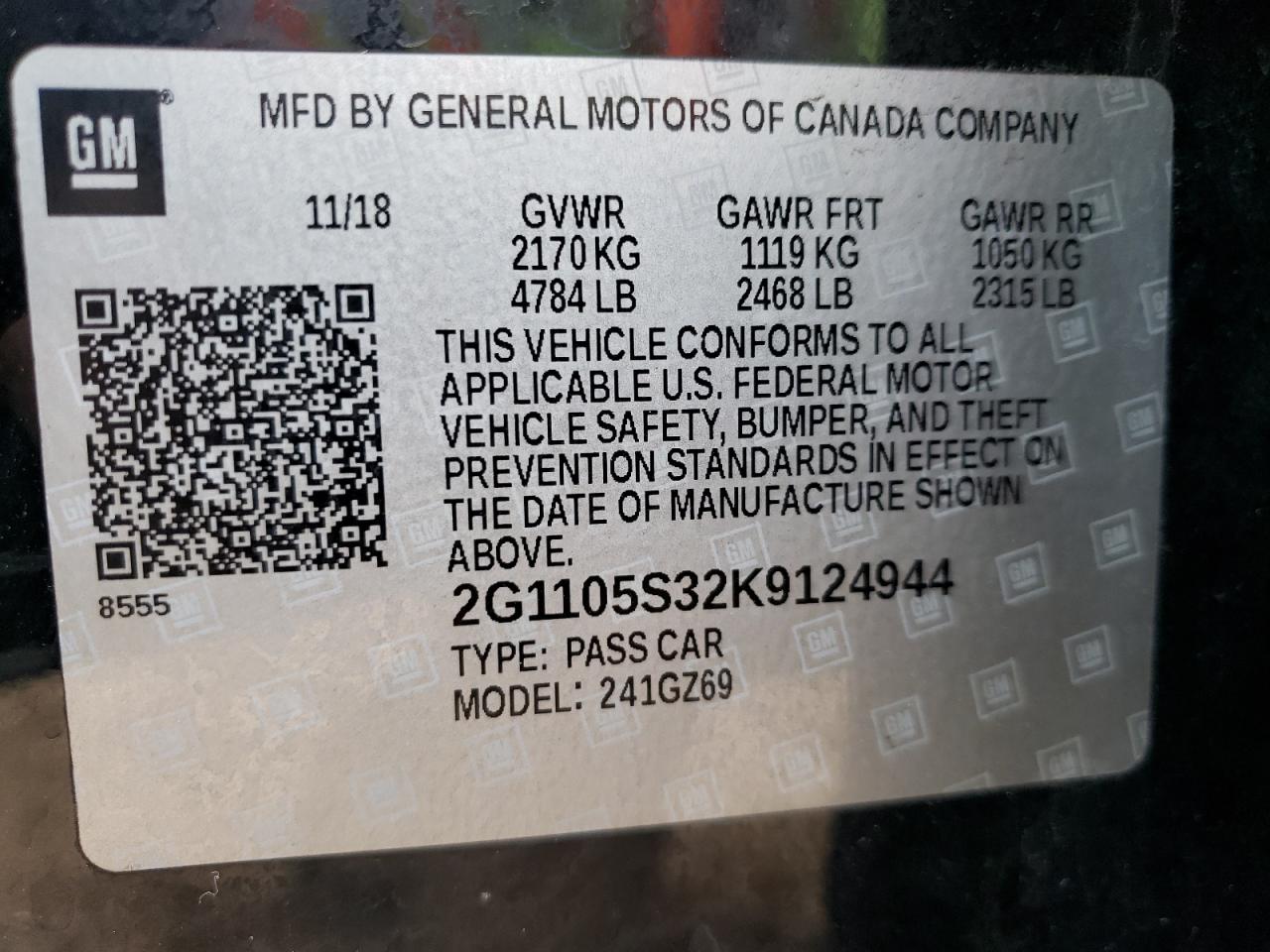 Photo 10 from auction – 2019 CHEVROLET IMPALA PRE with VIN 2G1105S32K9124944