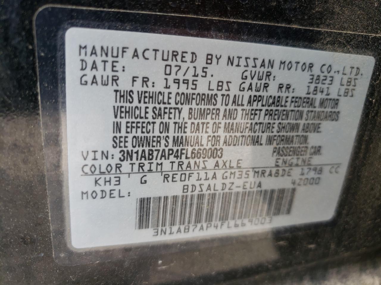 Photo 10 from auction – 2015 NISSAN SENTRA S with VIN 3N1AB7AP4FL669003