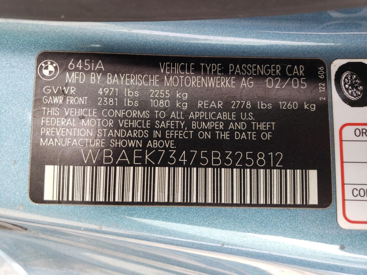 Photo 10 from auction – 2005 BMW 645 CI AUT with VIN WBAEK73475B325812