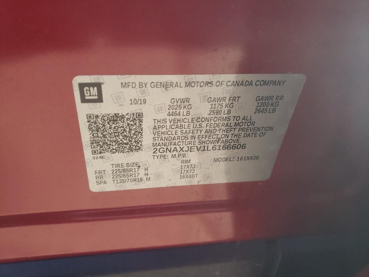 Photo 10 from auction – 2020 CHEVROLET EQUINOX LT with VIN 2GNAXJEV1L6166606