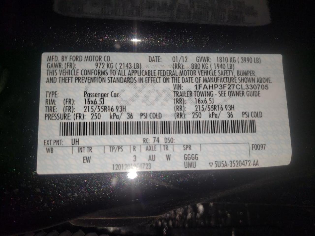 Photo 10 from auction – 2012 FORD FOCUS SE with VIN 1FAHP3F27CL330705