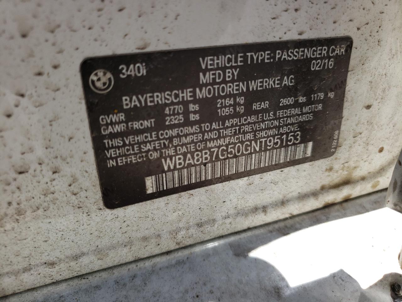 Photo 10 from auction – 2016 BMW 340 XI with VIN WBA8B7G50GNT95153