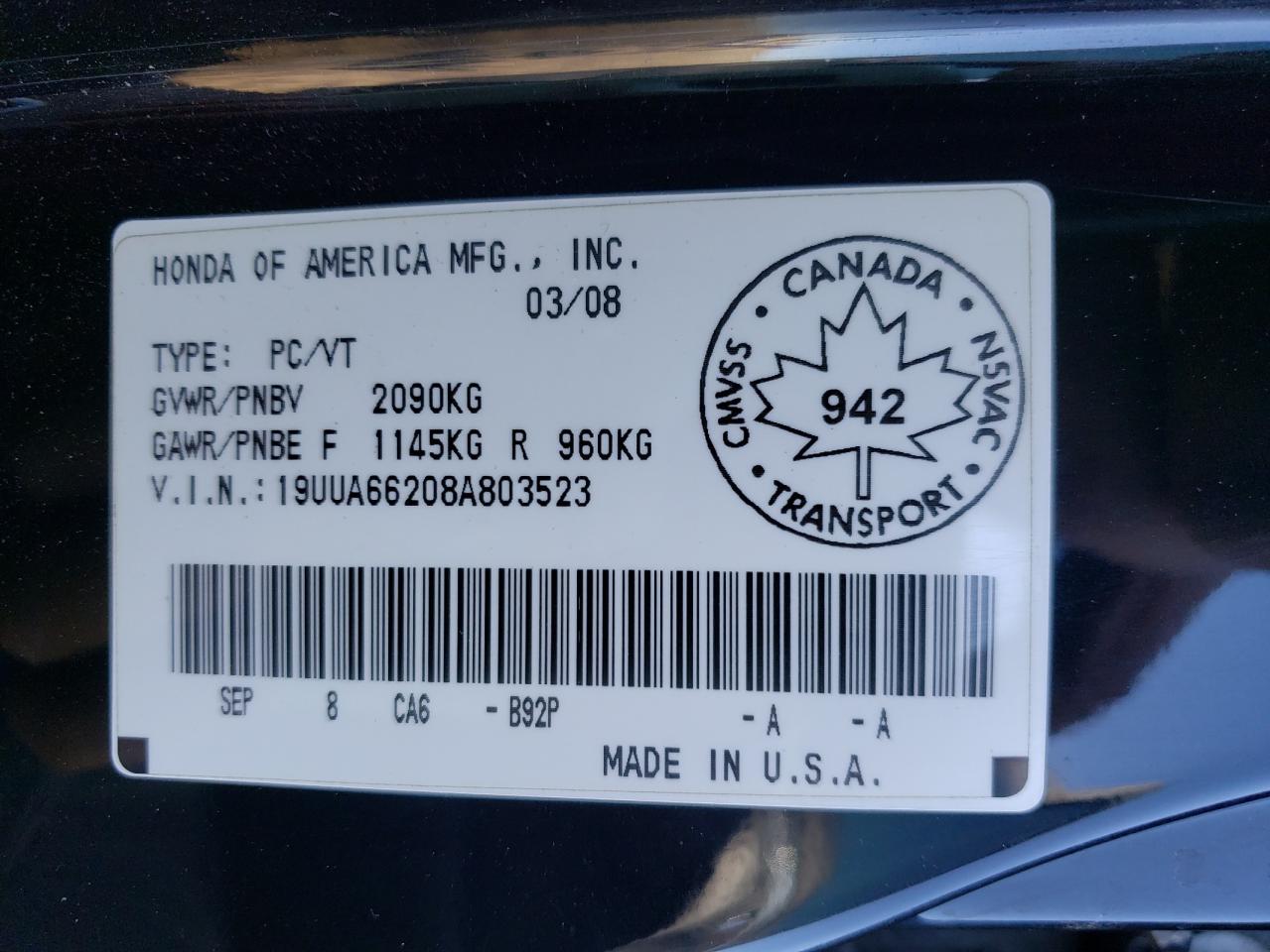 Photo 10 from auction – 2008 ACURA TL with VIN 19UUA66208A803523