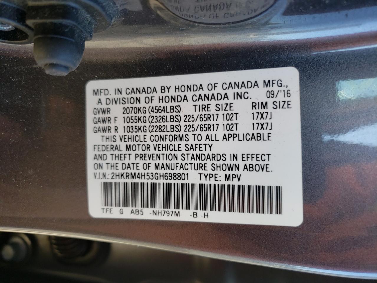 Photo 10 from auction – 2016 HONDA CR-V EX with VIN 2HKRM4H53GH698801