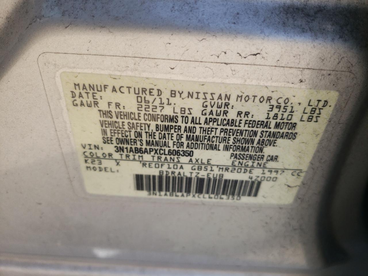 Photo 10 from auction – 2012 NISSAN SENTRA 2.0 with VIN 3N1AB6APXCL606350