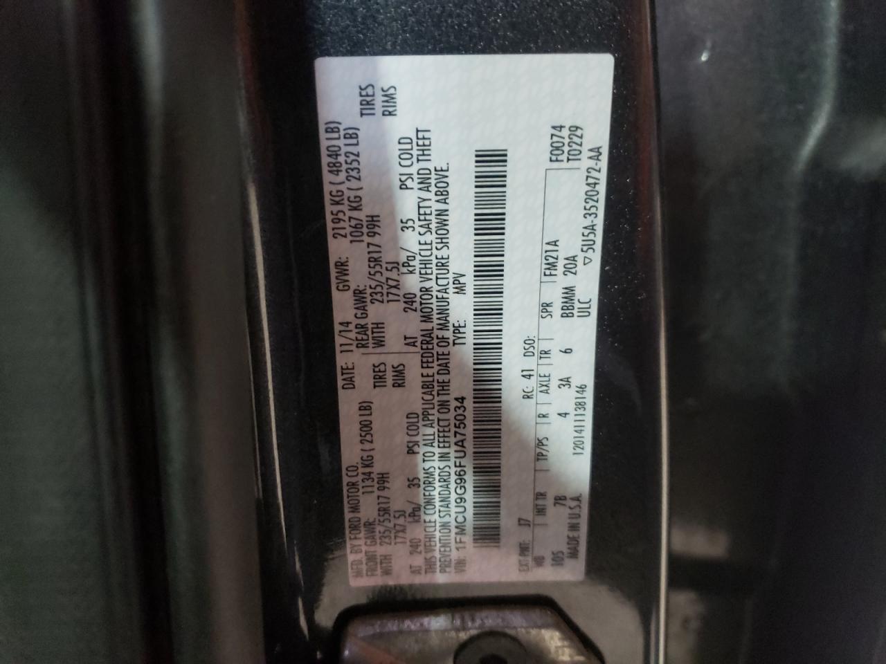 Photo 10 from auction – 2015 FORD ESCAPE SE with VIN 1FMCU9G96FUA75034