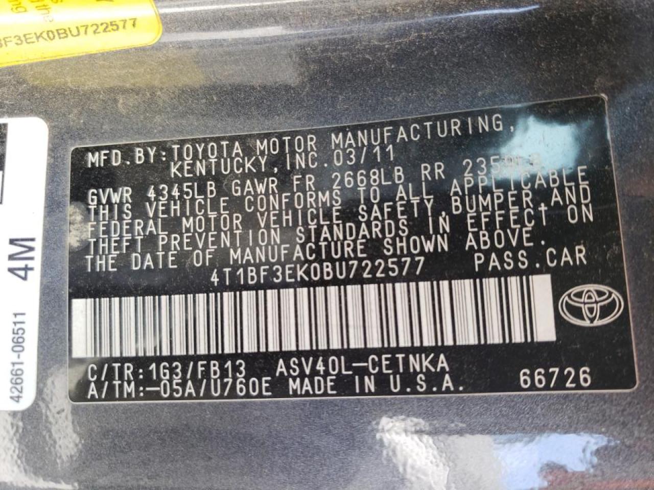 Photo 10 from auction – 2011 TOYOTA CAMRY BASE with VIN 4T1BF3EK0BU722577