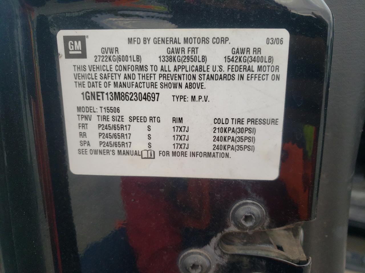 Photo 10 from auction – 2006 CHEVROLET TRAILBLAZE with VIN 1GNET13M862304697