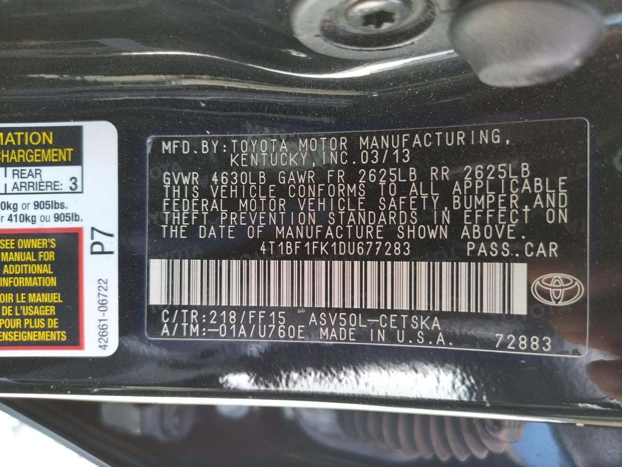 Photo 10 from auction – 2013 TOYOTA CAMRY L with VIN 4T1BF1FK1DU677283