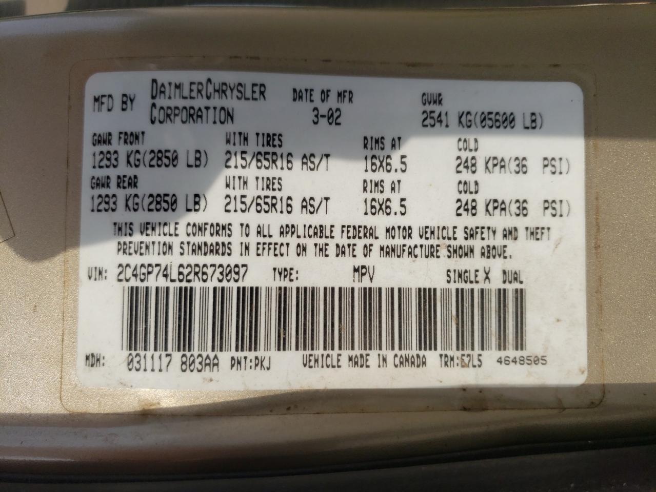 Photo 10 from auction – 2002 CHRYSLER TOWN & COU with VIN 2C4GP74L62R673097