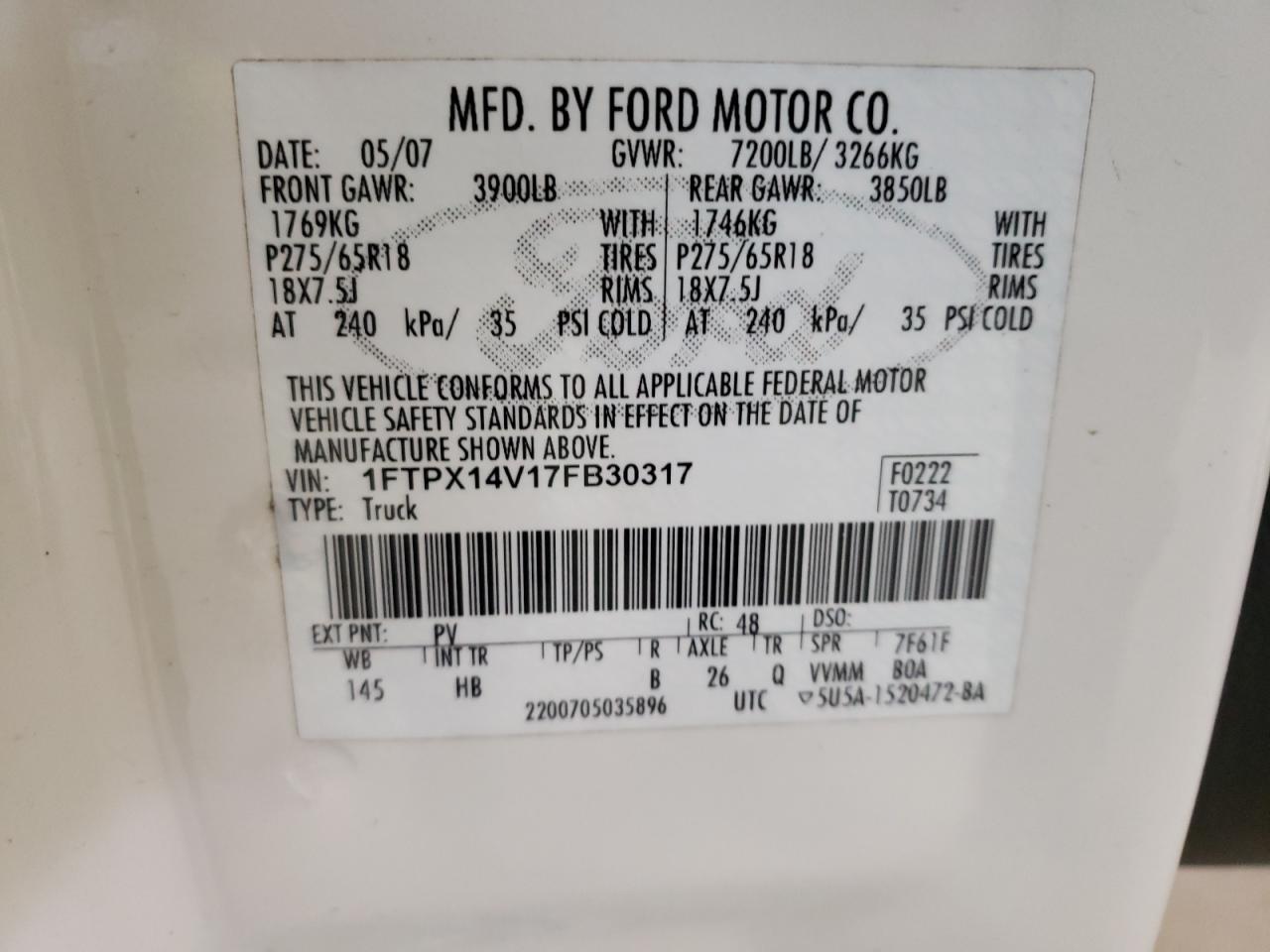 Photo 10 from auction – 2007 FORD F150 with VIN 1FTPX14V17FB30317