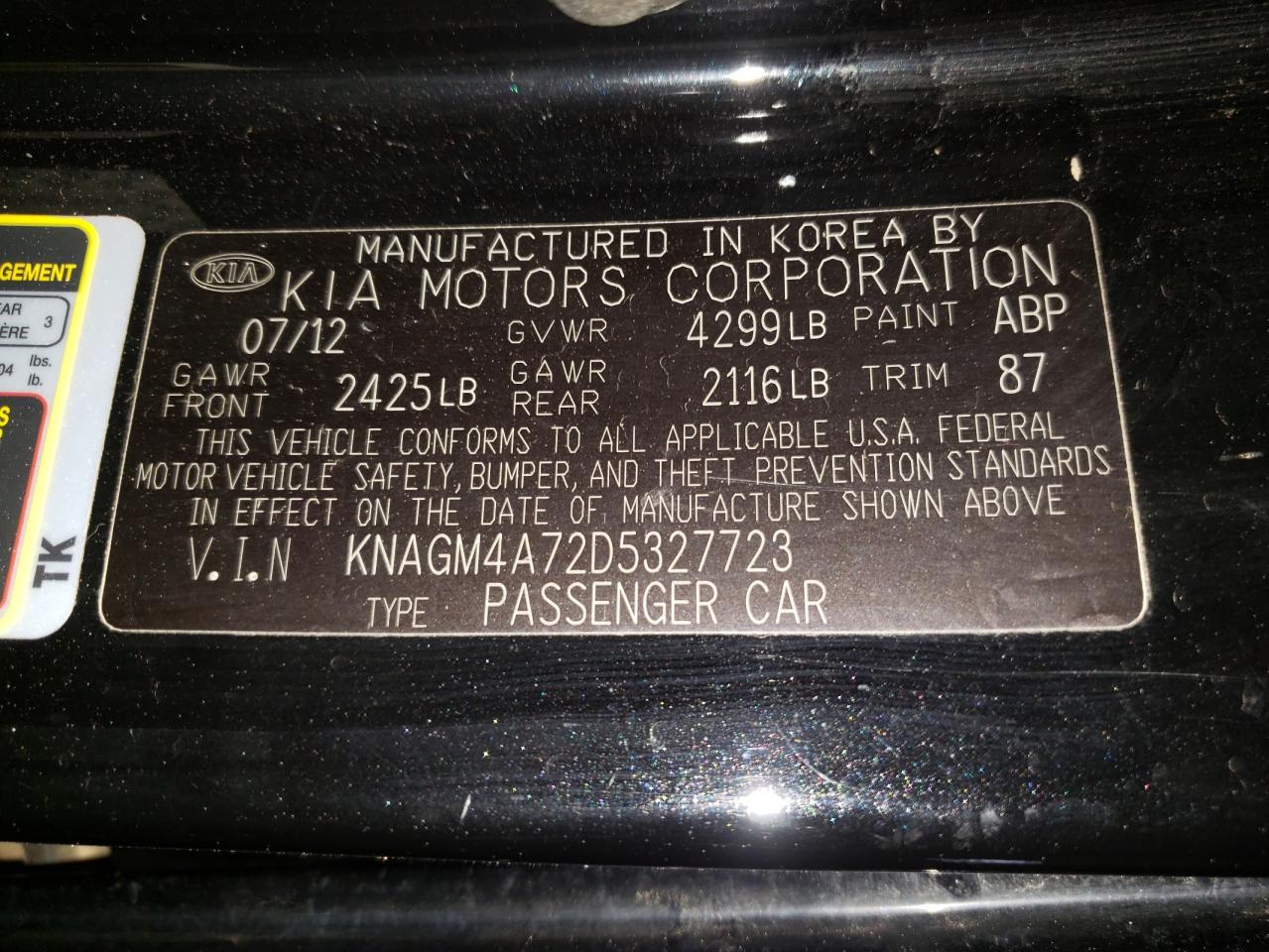 Photo 10 from auction – 2013 KIA OPTIMA LX with VIN KNAGM4A72D5327723