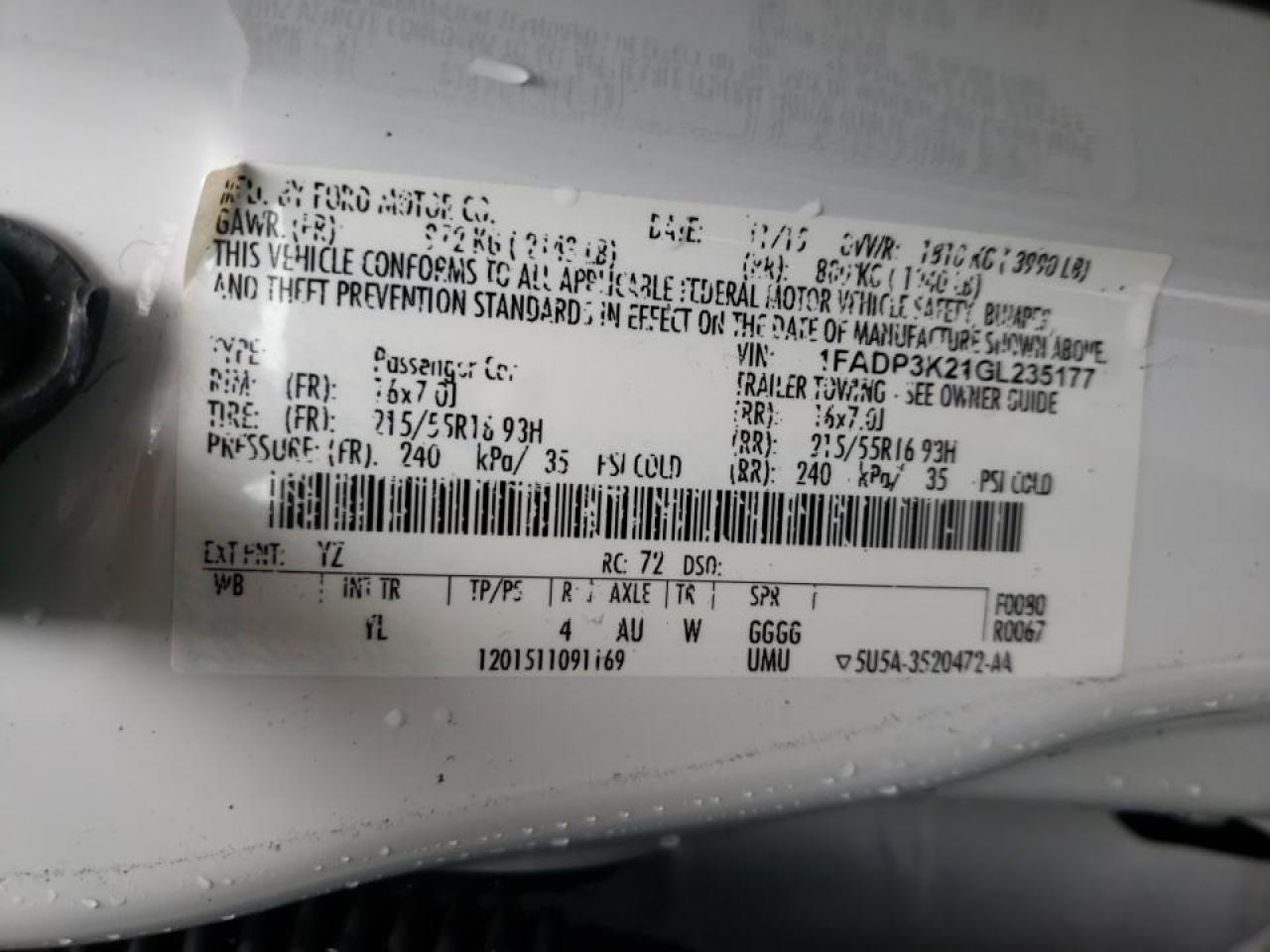 Photo 10 from auction – 2016 FORD FOCUS SE with VIN 1FADP3K21GL235177
