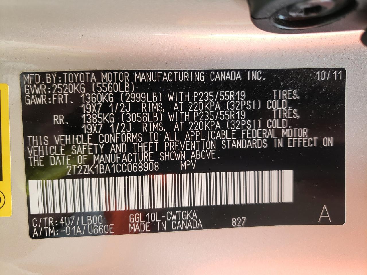 Photo 10 from auction – 2012 LEXUS RX 350 with VIN 2T2ZK1BA1CC068908
