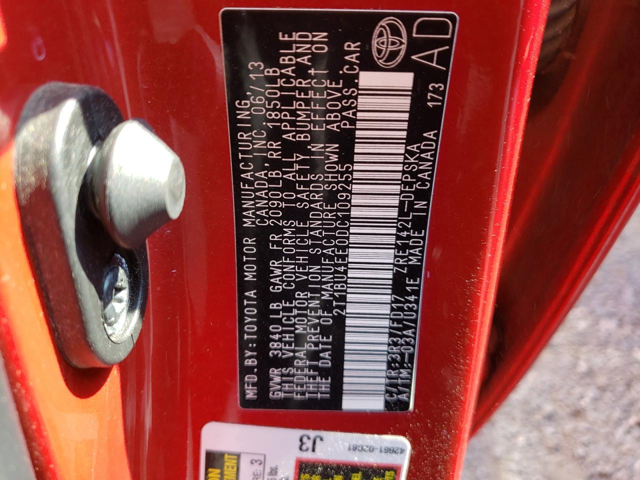 Photo 10 from auction – 2013 TOYOTA COROLLA BA with VIN 2T1BU4EE0DC109255