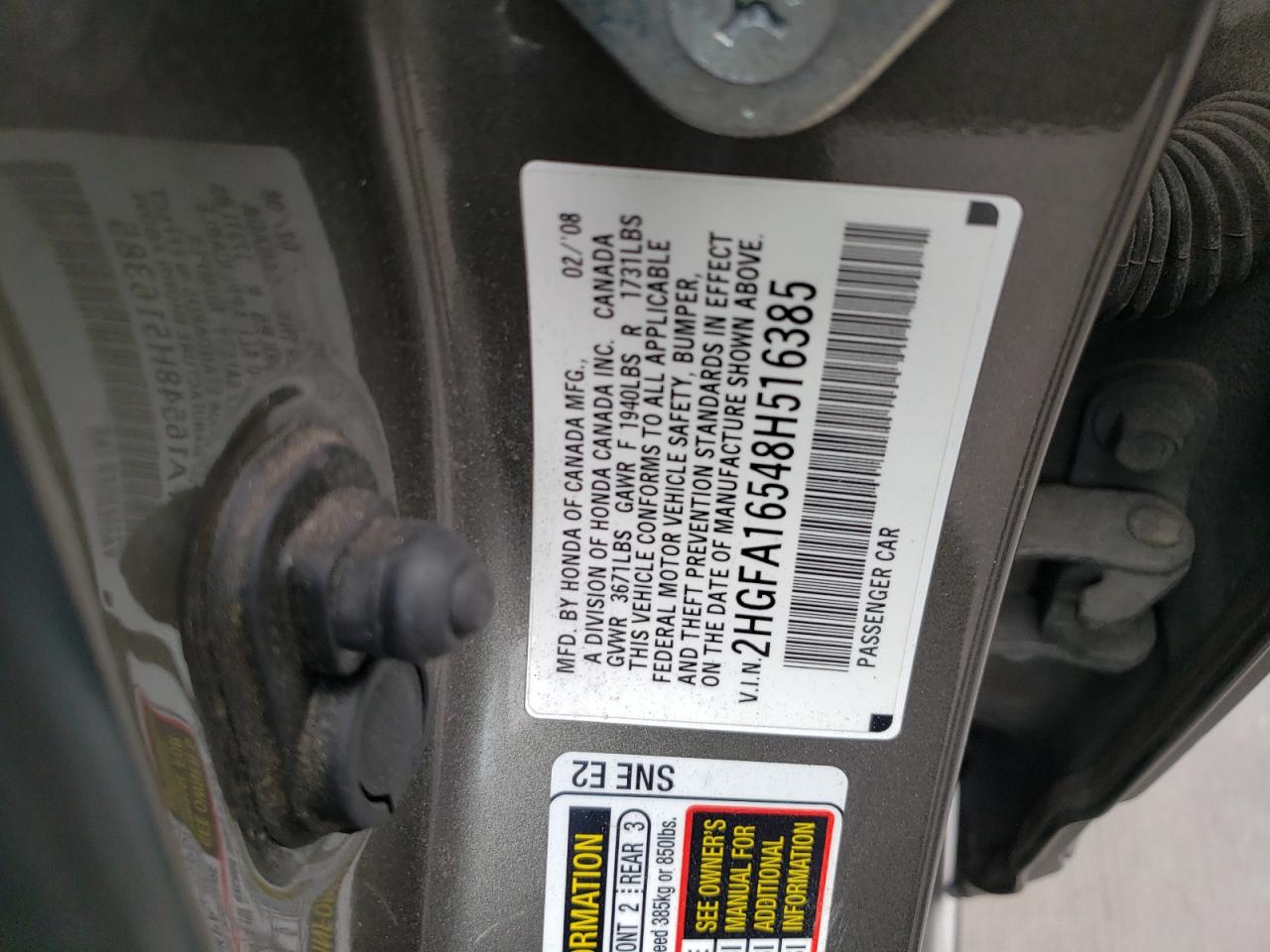 Photo 10 from auction – 2008 HONDA CIVIC LX with VIN 2HGFA16548H516385