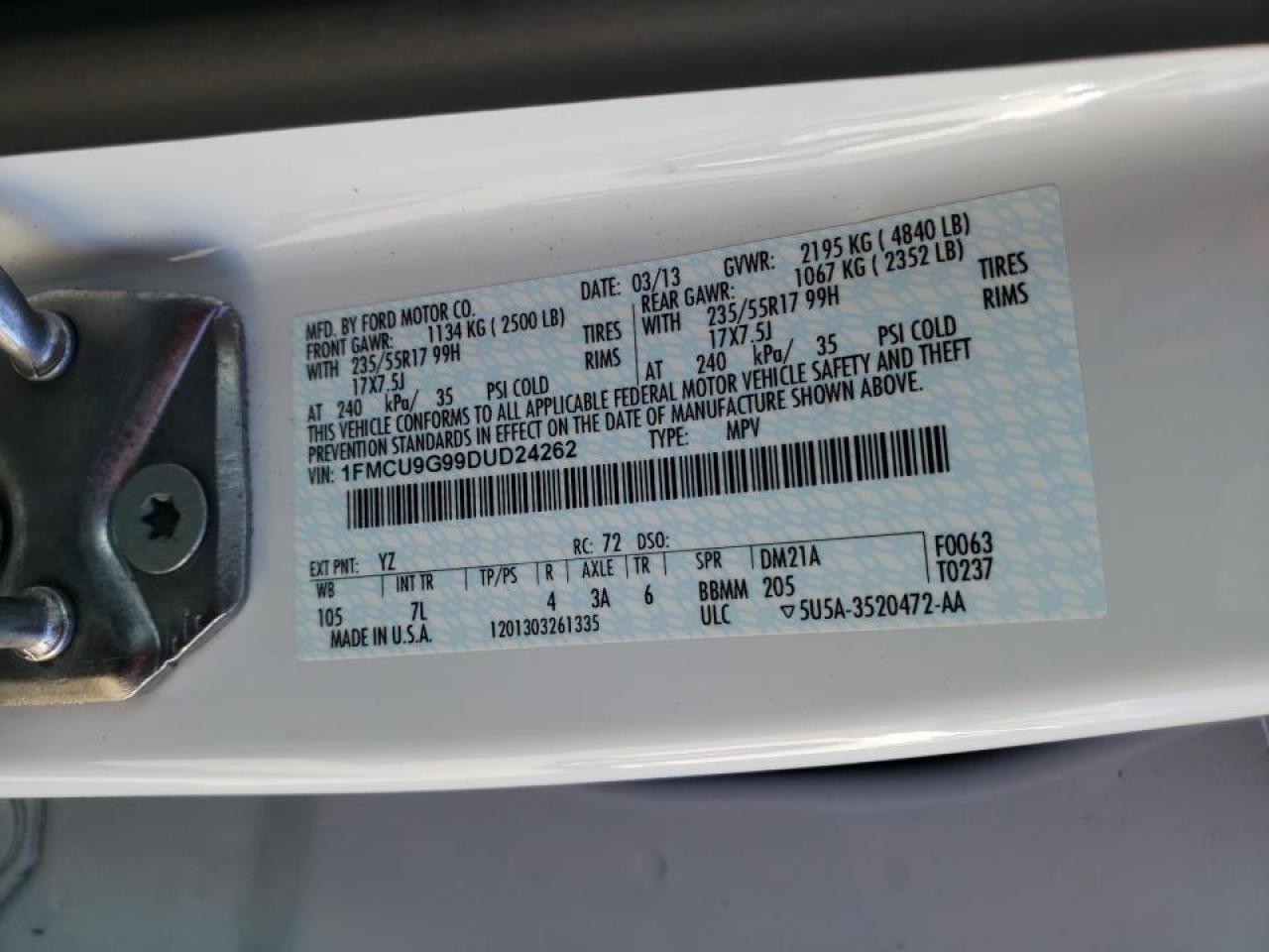 Photo 10 from auction – 2013 FORD ESCAPE SE with VIN 1FMCU9G99DUD24262