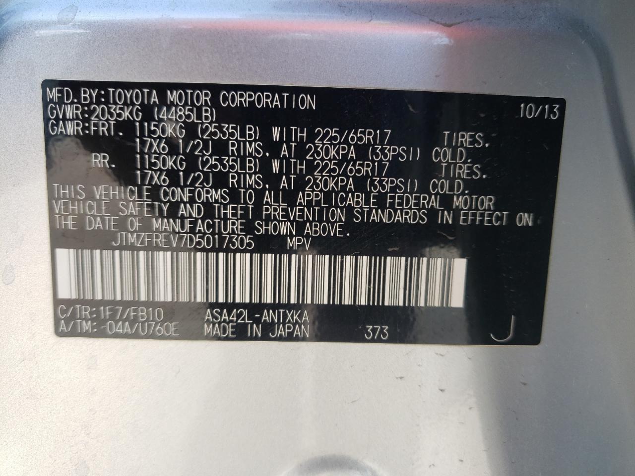 Photo 10 from auction – 2013 TOYOTA RAV4 LE with VIN JTMZFREV7D5017305
