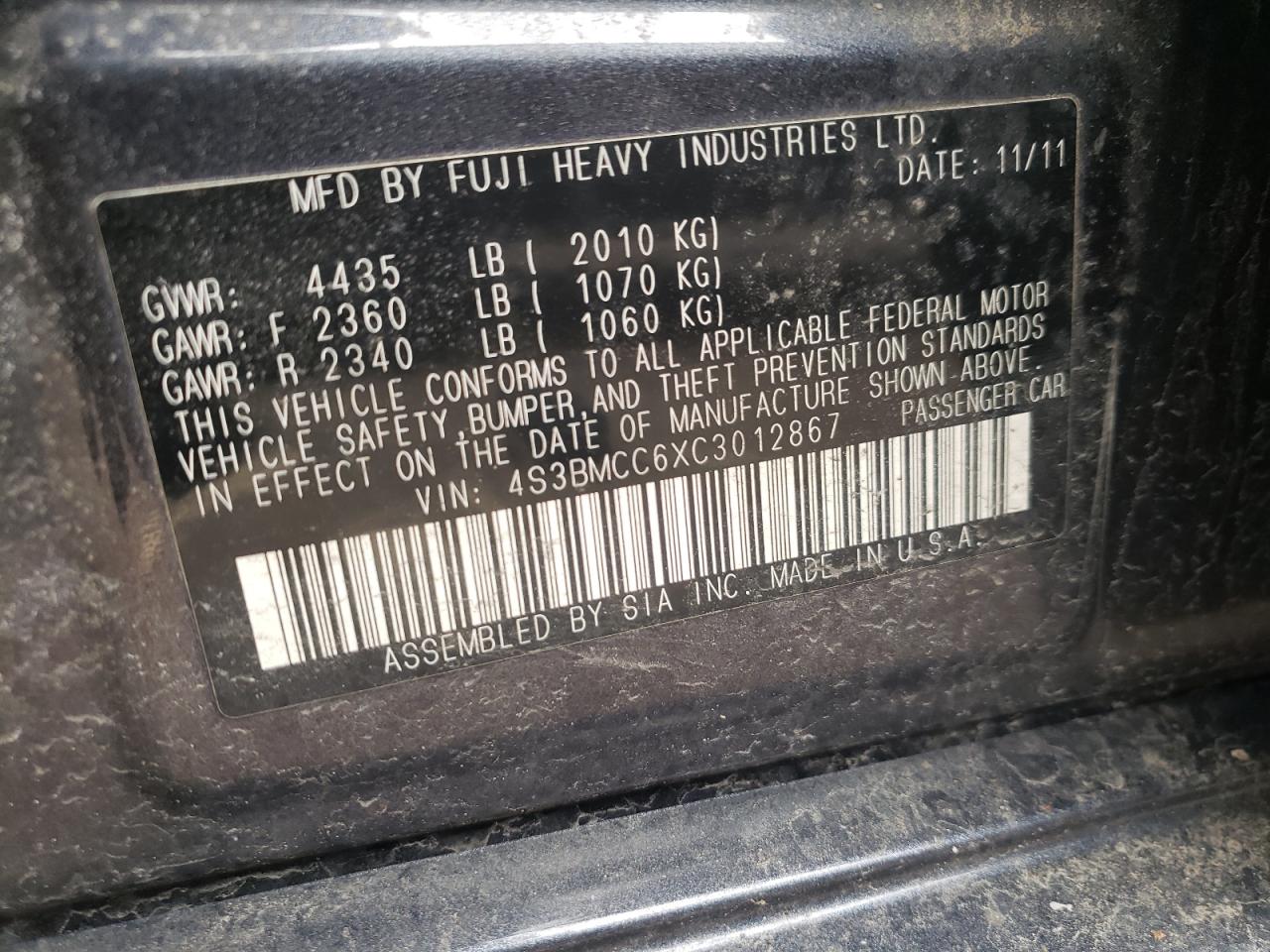 Photo 10 from auction – 2012 SUBARU LEGACY 2.5 with VIN 4S3BMCC6XC3012867