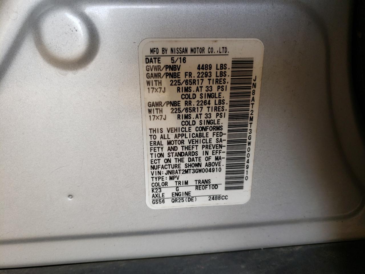 Photo 10 from auction – 2016 NISSAN ROGUE S with VIN JN8AT2MT3GW004910