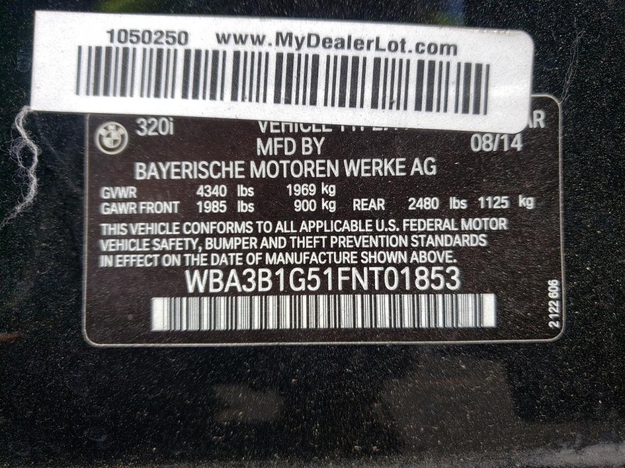 Photo 10 from auction – 2015 BMW 320 I with VIN WBA3B1G51FNT01853