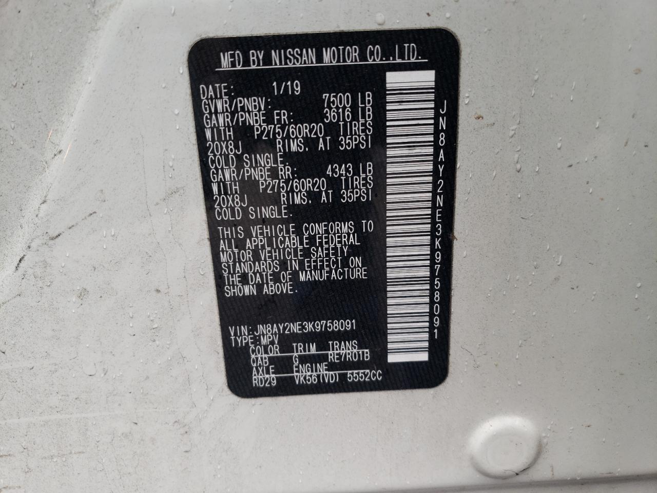 Photo 10 from auction – 2019 NISSAN ARMADA PLA with VIN JN8AY2NE3K9758091