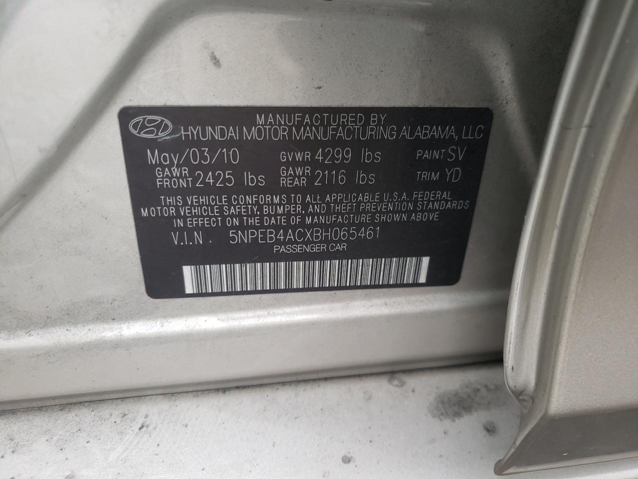Photo 10 from auction – 2011 HYUNDAI SONATA GLS with VIN 5NPEB4ACXBH065461