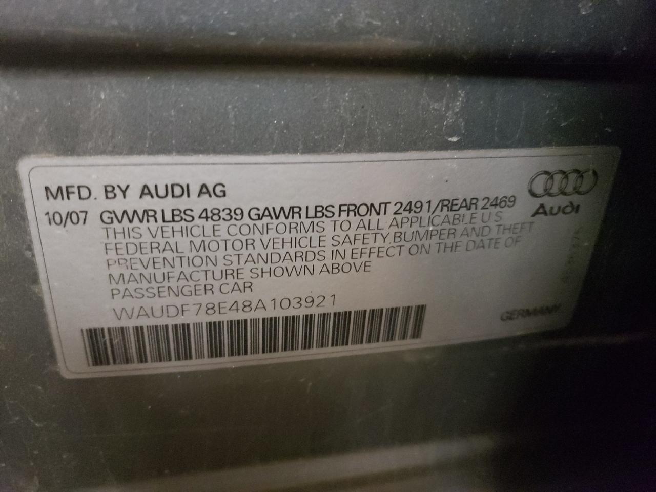 Photo 10 from auction – 2008 AUDI A4 2.0T QU with VIN WAUDF78E48A103921