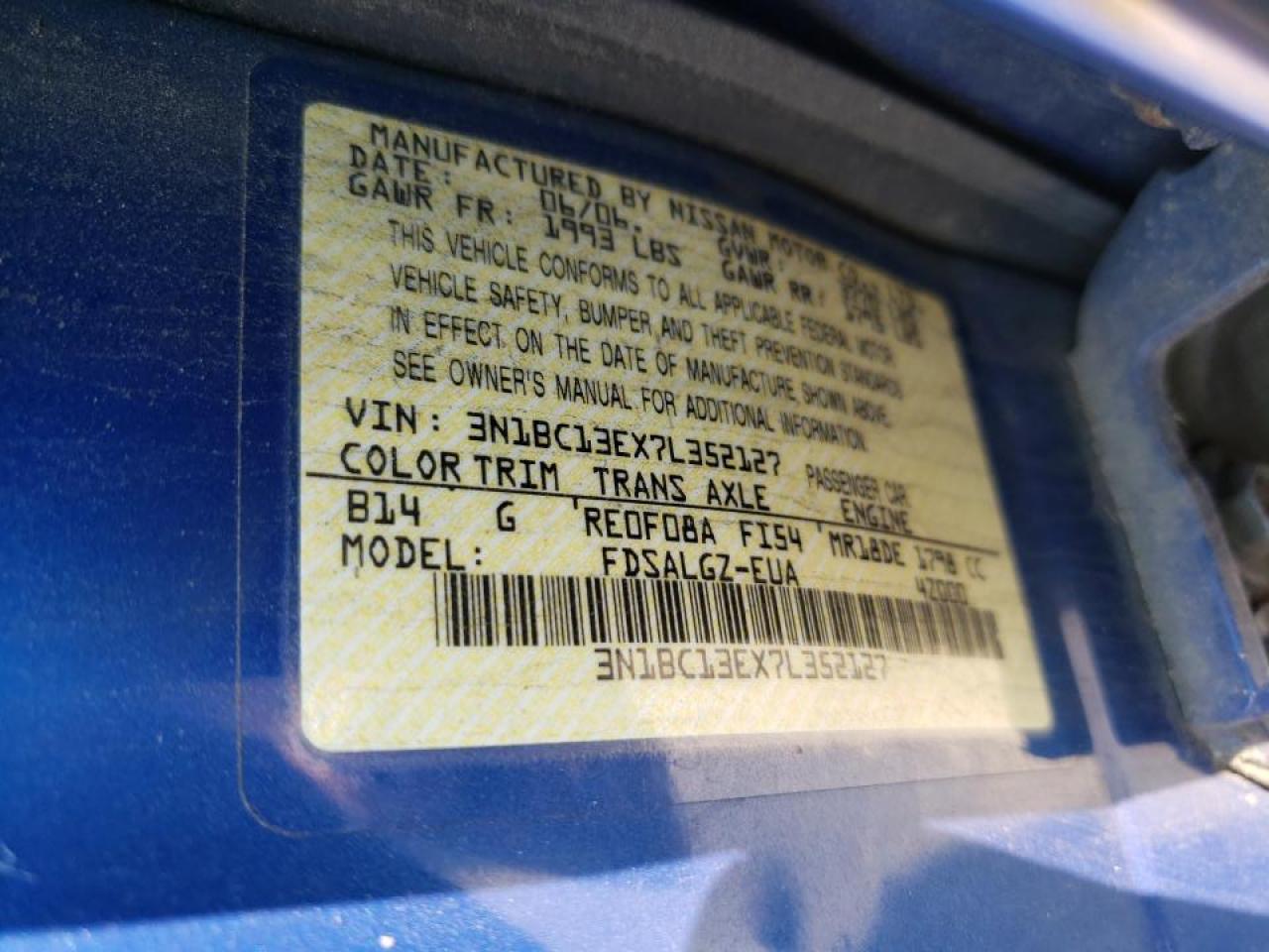 Photo 10 from auction – 2007 NISSAN VERSA S with VIN 3N1BC13EX7L352127