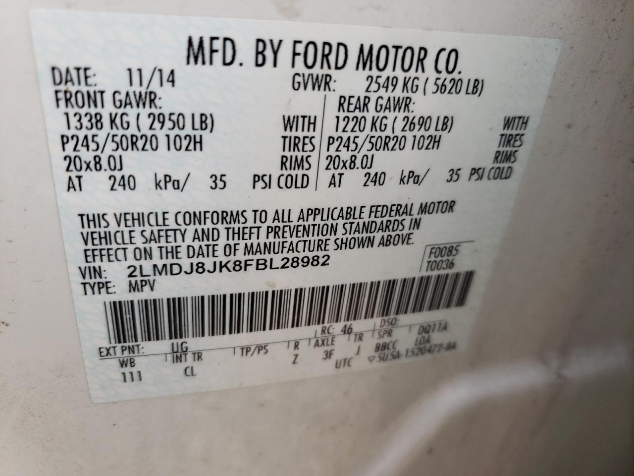 Photo 10 from auction – 2015 LINCOLN MKX with VIN 2LMDJ8JK8FBL28982