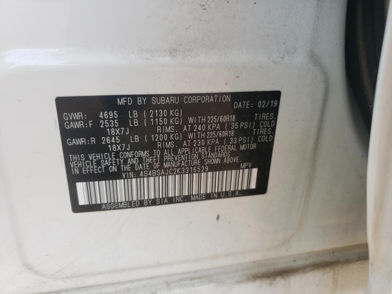 Photo 10 from auction – 2019 SUBARU OUTBACK 2. with VIN 4S4BSAJC2K3316529