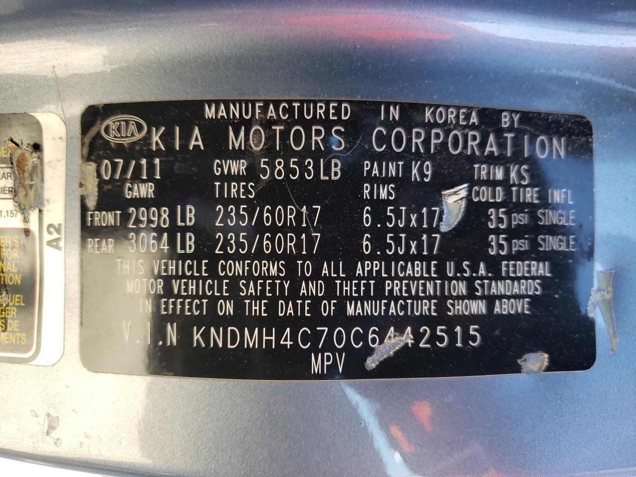 Photo 10 from auction – 2012 KIA SEDONA EX with VIN KNDMH4C70C6442515