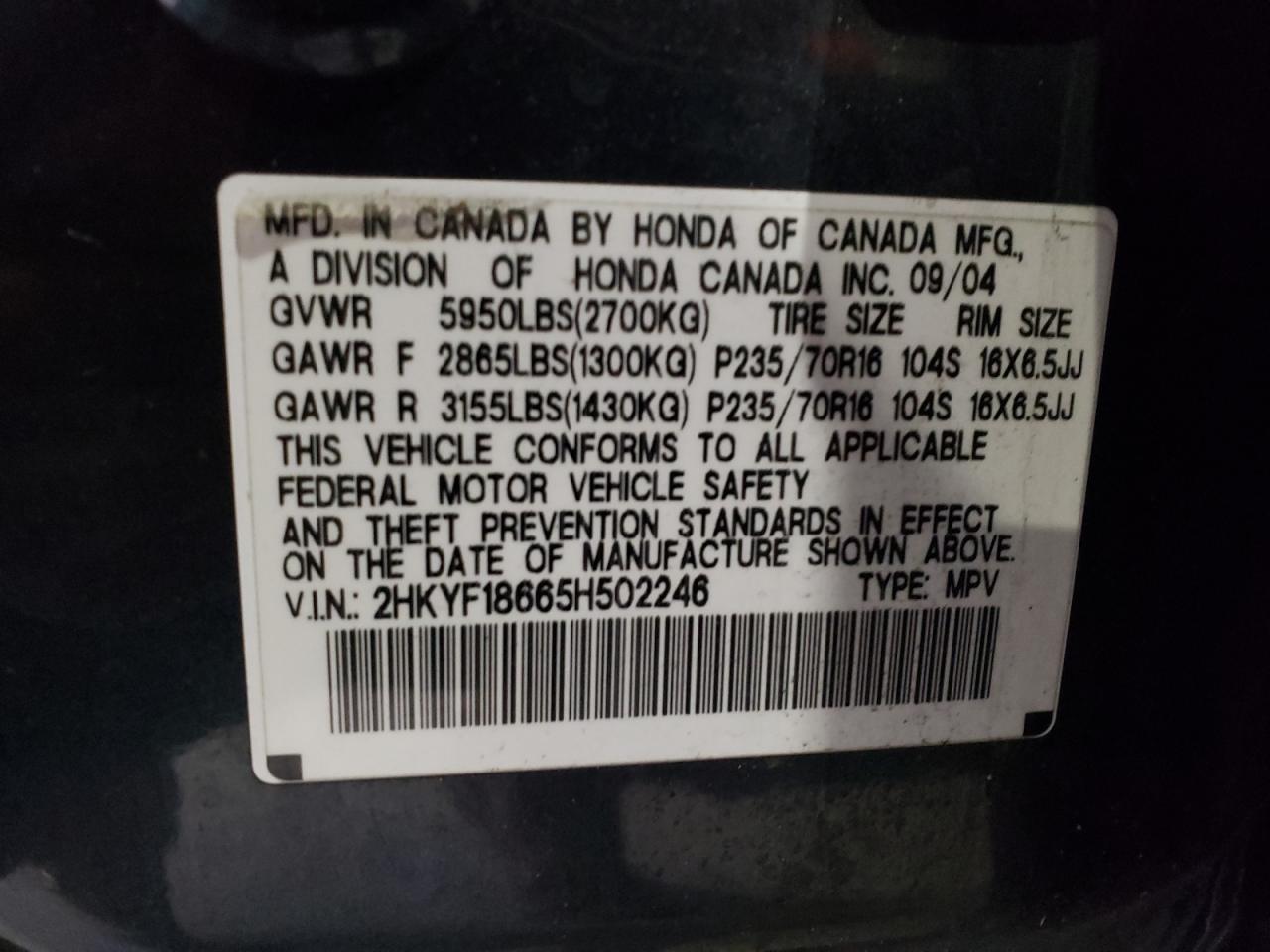 Photo 10 from auction – 2005 HONDA PILOT EXL with VIN 2HKYF18665H502246