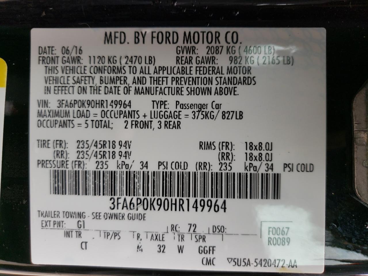 Photo 10 from auction – 2017 FORD FUSION TIT with VIN 3FA6P0K90HR149964
